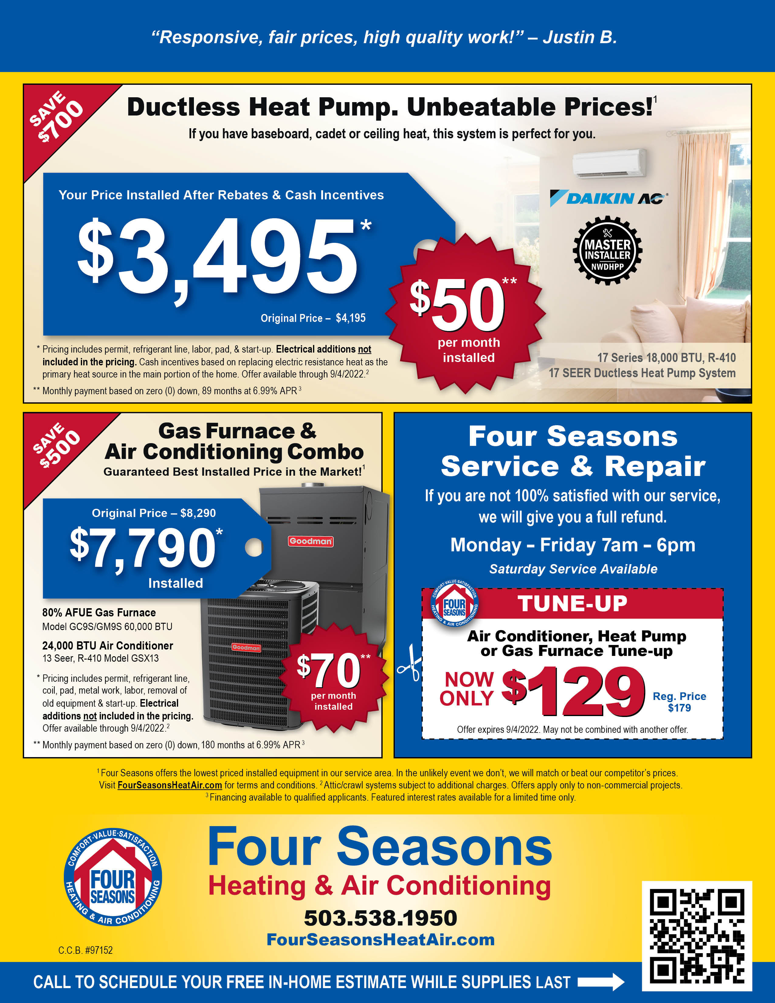 Four Seasons Heating & Air Conditioning Seasonal Specials