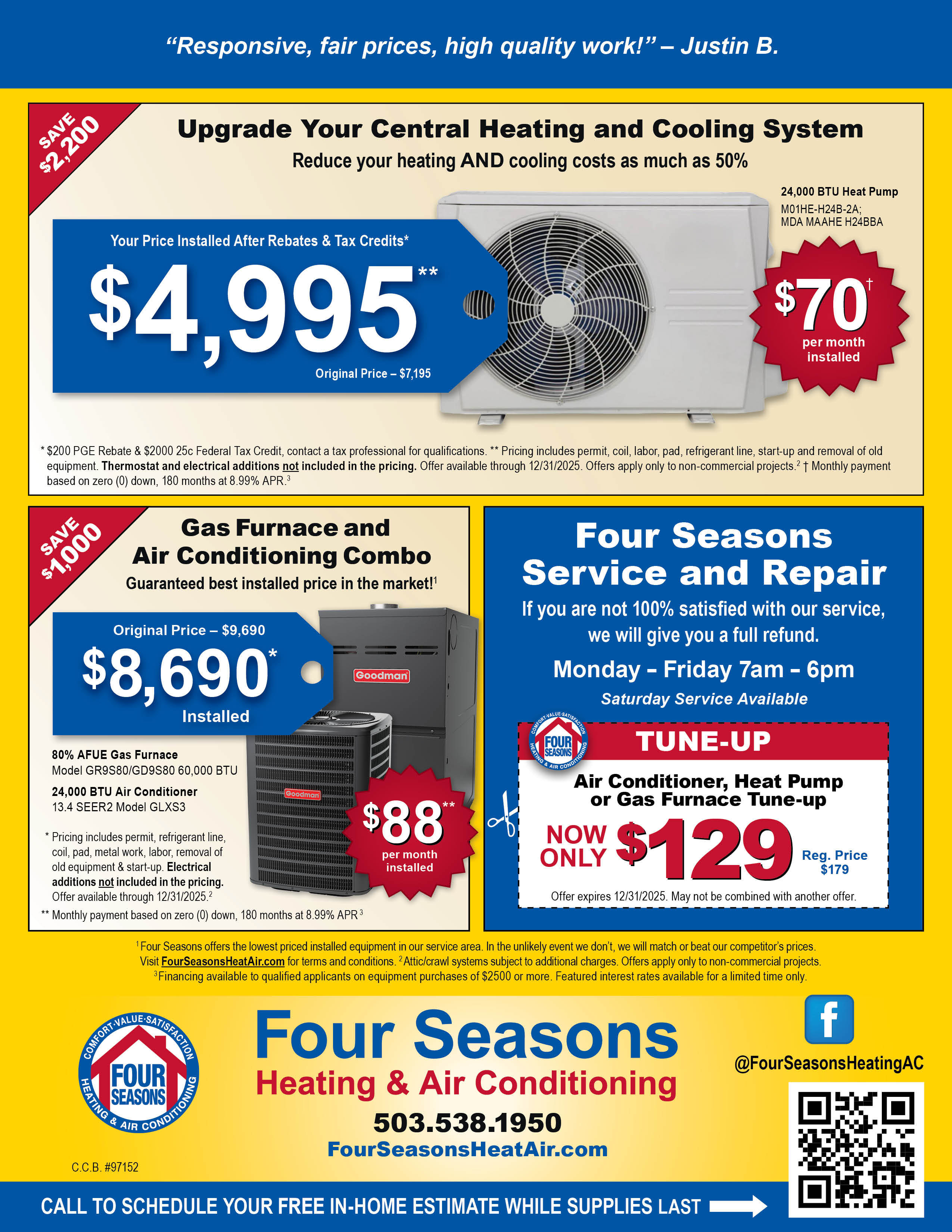 Four Seasons Heating & Air Conditioning Seasonal Specials