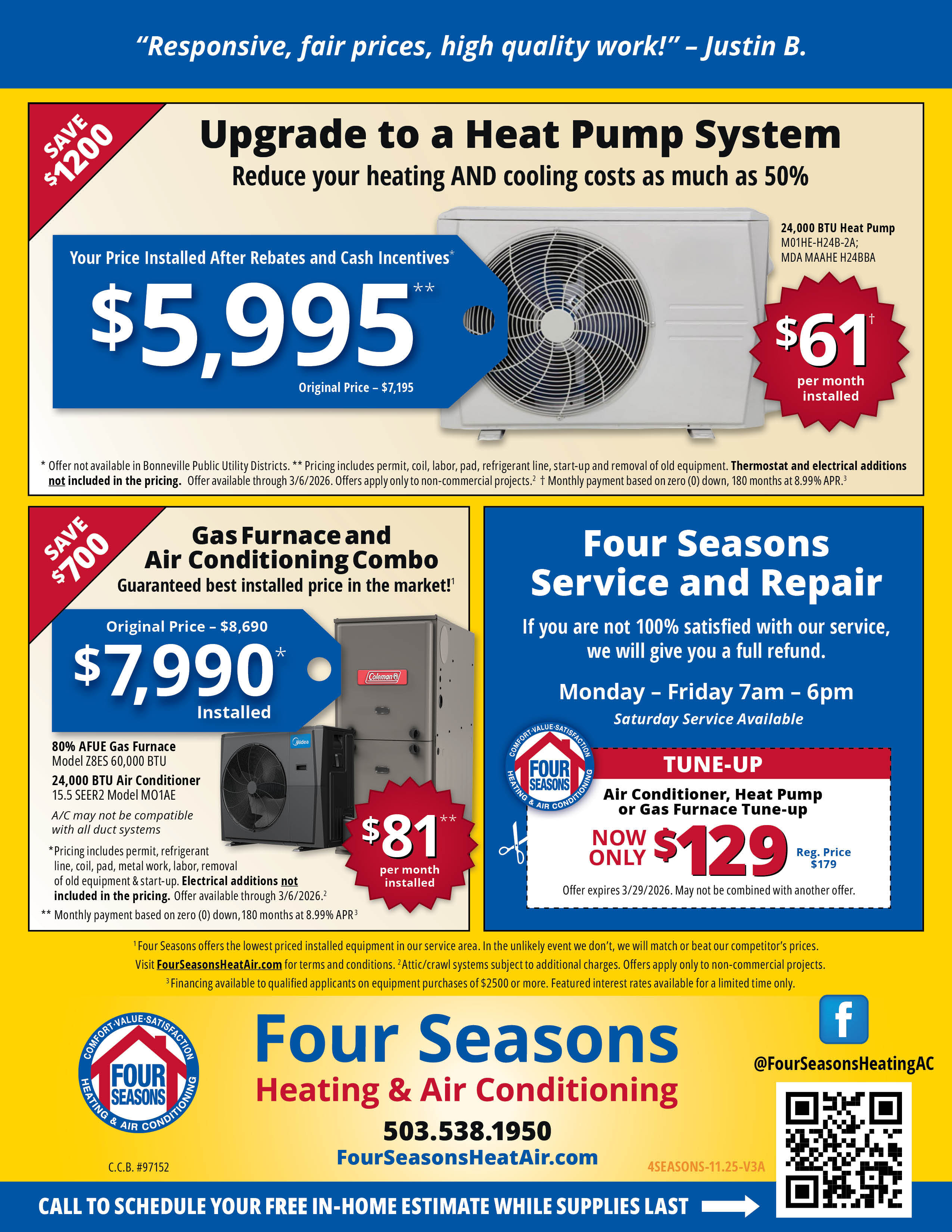 Four Seasons Heating & Air Conditioning Seasonal Specials