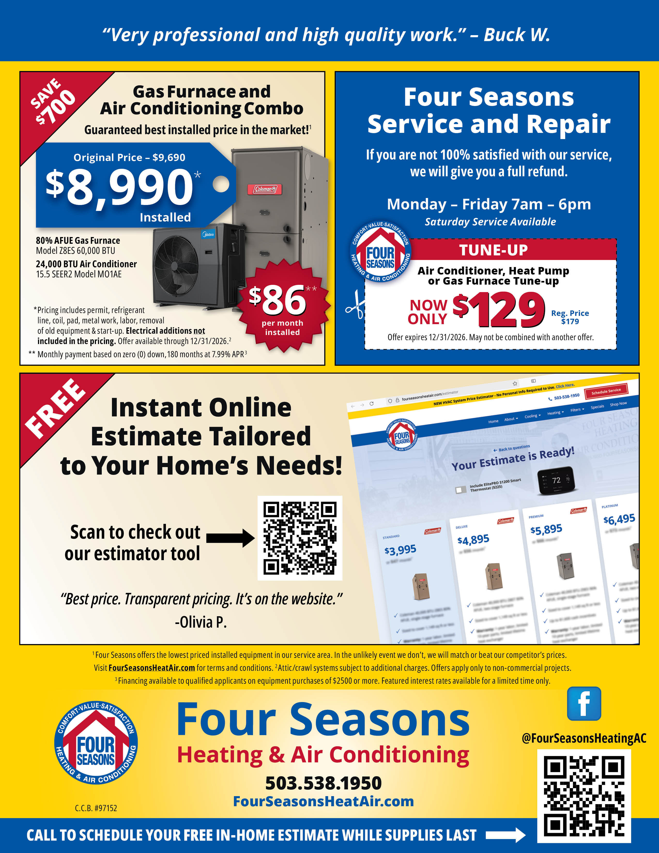Four Seasons Heating & Air Conditioning Seasonal Specials