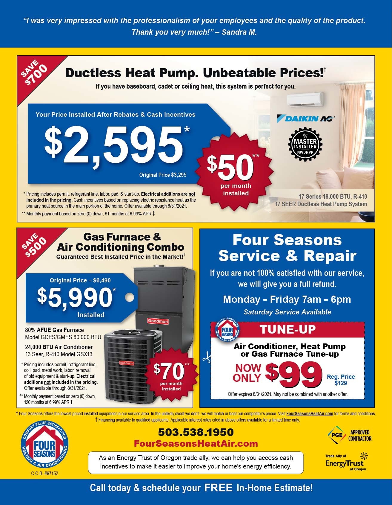 Four Seasons Heating & Air Conditioning Seasonal Specials