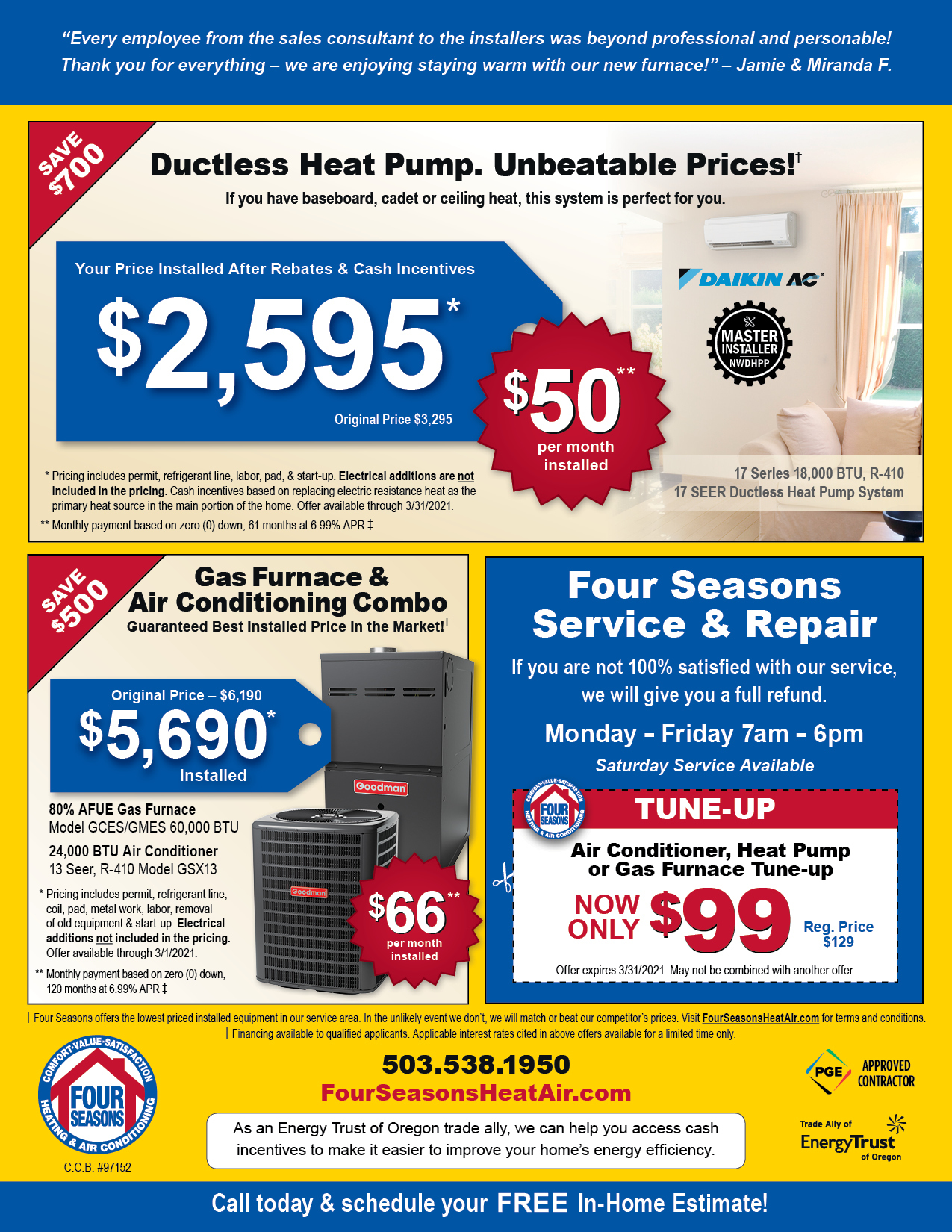 Four Seasons Heating & Air Conditioning Seasonal Specials