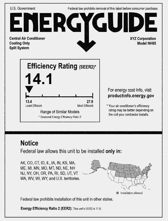 White EnergyGuide label for cooling-only central air conditioner split system showing an efficiency SEER2 rating of 14.1