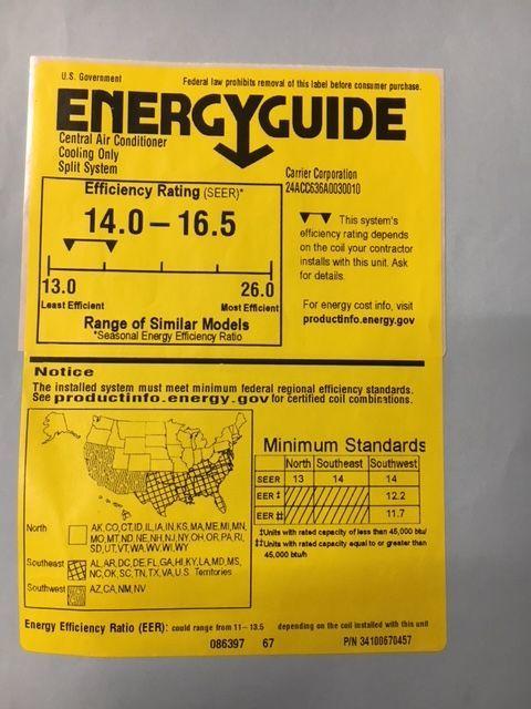Yellow EnergyGuide label for a cooling-only central air conditioner split system with an efficiency SEER rating of 14-16.5