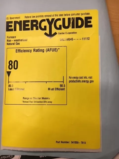 Yellow EnergyGuide label for non-weatherized natural gas furnace with an AFUE efficiency rating of 80